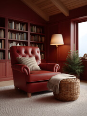 Cozy, warm toned Christmas decorating with red armchair and books feel inviting, creating an atmosphere of serene holiday relaxation