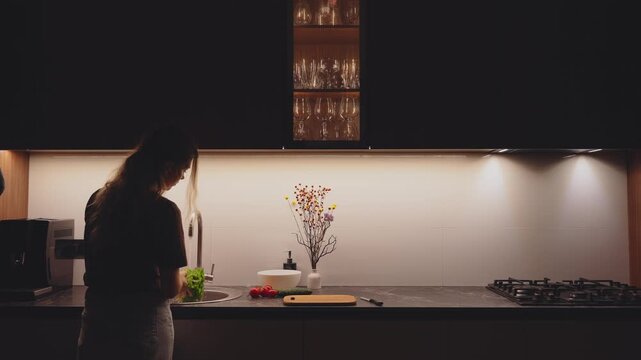 dark silhouette happy woman hands washing cleaning fresh green salad leaves lettuce plant under running water, healthy eating diet vitamins, preparing organic food kale. kitchen work surface lighting