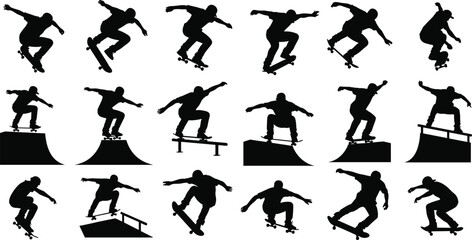 Silhouettes of skateboarders performing tricks, extreme sports action poses collection, skateboarding movement illustration set for urban sport design and dynamic activity concepts