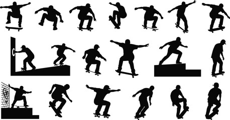 Silhouettes of skateboarders performing urban tricks, dynamic skateboarding action illustration collection set for extreme sports design, street movement, stunt concepts