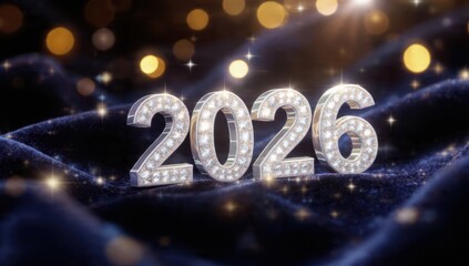 Luxurious 2026 silver and diamond numbers resting on dark velvet, surrounded by golden bokeh and festive light sparkles. Premium elegant New Year banner background.