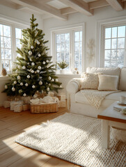 Christmas tree and cozy living room create an inviting and happy holiday scene. warmth and festive ambiance bring joy to space