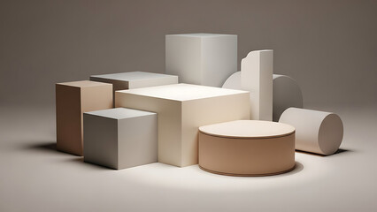 Geometric abstract forms in soft, neutral tones, arranged as minimalist pedestals, perfect for elegant product displays, architectural models, and contemporary design concepts
