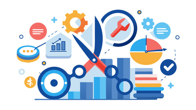 Business optimization and analysis concept with scissors cutting through graphs and charts