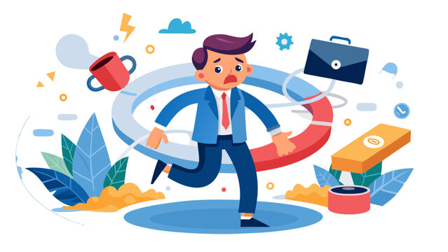 Businessman juggling multiple tasks with office and productivity icons in flat design illustration