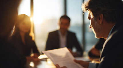 Business professional reviewing document during a corporate meeting with colleagues at sunset
