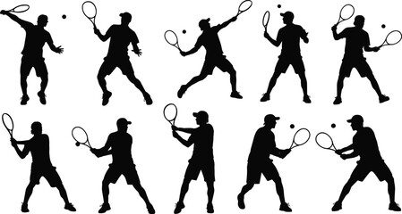 Silhouettes of tennis players in dynamic action poses, racket sport illustration collection set for athletic movement, competitive match, training concepts