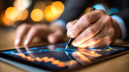 Business person analyzing stock market data on digital tablet, making strategic investment decisions for financial growth