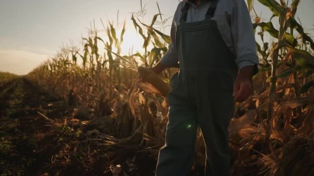 Farmer walking through cornfield at sunset, an ode to hard work and nature's bounty Stock Video