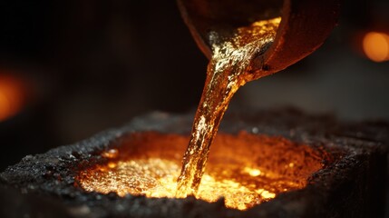Closeup medium shot of liquid copper being poured emphasizing the texture and flow in a controlled casting process within a dimly lit foundry.
