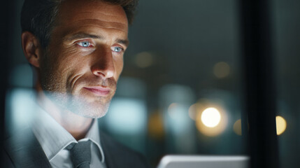 Businessman working late, showing focus and dedication while using a digital tablet in a dimly lit office environment