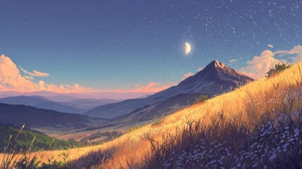 Summer Mountain Landscape: Rolling Meadows Under a Split Day and Night Sky