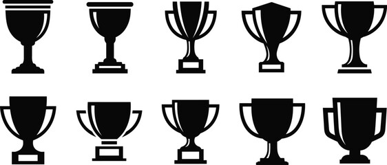 Silhouettes of trophy cups and award designs, prize illustration collection set for victory celebration, sports achievement symbols, competition recognition concepts