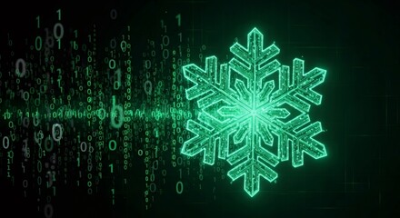 Fototapeta premium Digital snowflake with binary code background for seasonal technology, winter, New Year, Christmas, futuristic holiday and cybersecurity concepts.