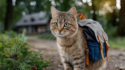 Playful tabby cat with green eyes wearing a small backpack, exploring a forest path surrounded by lush greenery and a rustic cabin in the background, embodying adventure and curiosity