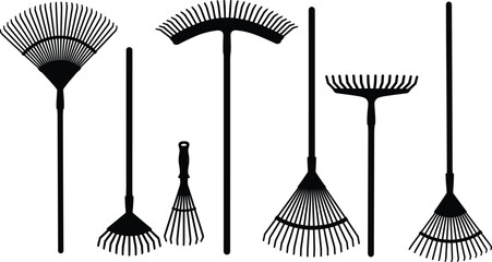 Silhouettes of various garden rakes, yard work tools collection illustration set for landscaping, outdoor cleaning, farming equipment and gardening design concepts