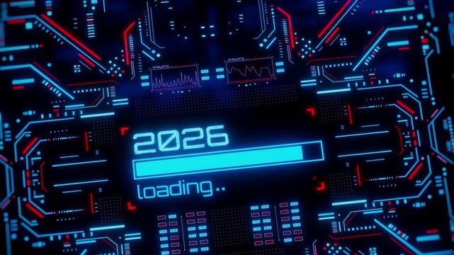 2026 new year progress bar on digital lcd display with reflection. Concept of new year, annual plan, growth strategy, business planning, investment trends and strategy road map.
