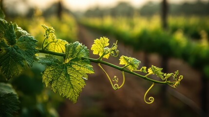 Sunlit grape leaves and tendrils along a lush vineyard row