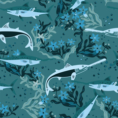 Obraz premium High quality vector Saw Shark and waterweed pattern perfect for fabric, packaging, branding, and textile print. Fully scalable and editable.