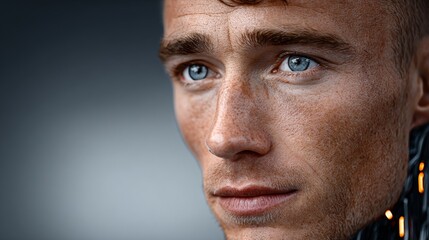 Obraz premium Close-up portrait of a young man with striking blue eyes and freckles, showcasing a thoughtful expression against a blurred background, emphasizing emotion and depth in a captivating manner