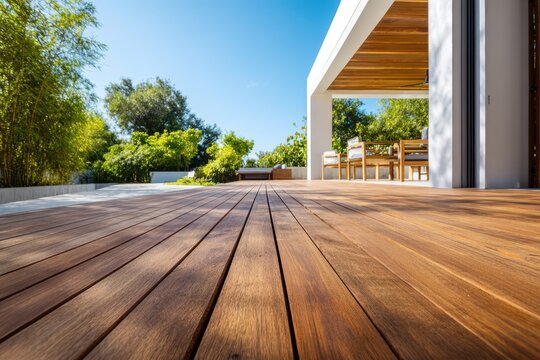 Sunlit ipe wood deck beside a minimalist residence, expansive outdoor space and modern furniture