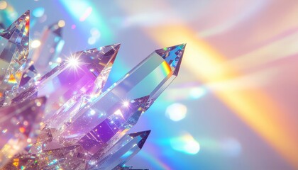 Close-up of crystal facets showing rainbow holographic light refraction