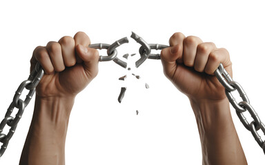 Men's hands breaking chains or shackles isolated on transparent PNG background. Concepts of Freedom or Separation Human Rights Day,
