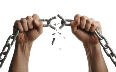 Men's hands breaking chains or shackles isolated on transparent PNG background. Concepts of Freedom or Separation Human Rights Day,