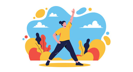 A person stretching or exercising outdoors in a park or natural setting, promoting health, wellness, and an active lifestyle.