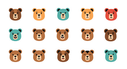 Fototapeta premium A collection of cute cartoon bear faces in a grid, showing various emotions and expressions with different colors and minimal flat design style.