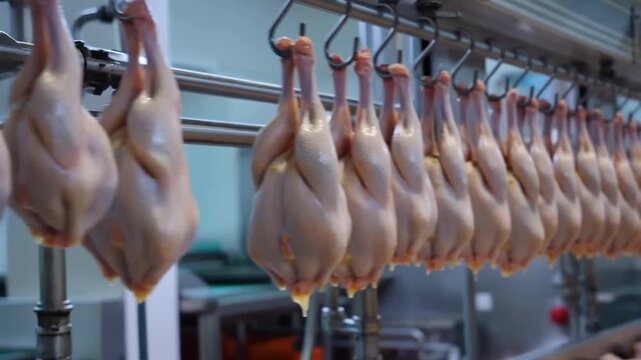 Freshly processed poultry hanging from hooks in a food processing plant, ready for the market Stock Video