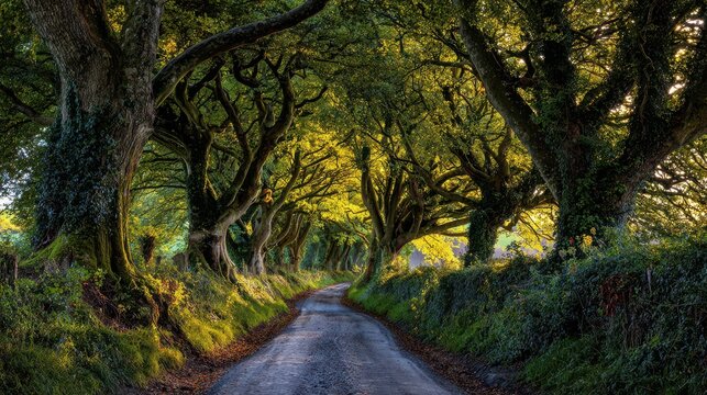 Sunlit tree-lined lane on a historic English road with golden hour glow