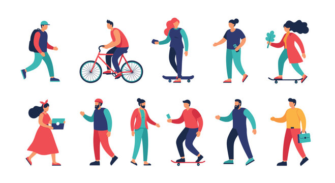 A diverse group of flat design characters engaging in various daily activities, urban transport, and casual interactions.