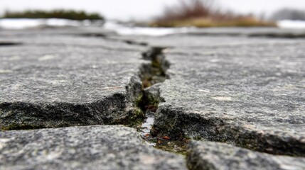 Natural stone surface exhibits a deep, pronounced fissure with moisture collected inside the gap.