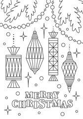 Coloring page for kids, Christmas card with decorations and sweets. Useful leisure time for children. Worksheet for practicing motor skills.