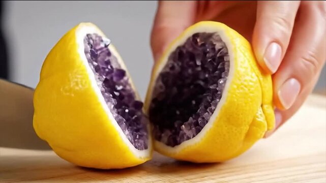 Slicing a Fresh Lemon to Reveal a Purple Amethyst Geode