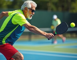 Elderly man plays pickleball on court. He swings paddle, hits yellow ball. Active senior enjoys sports outdoors, engages in competitive game with another player.