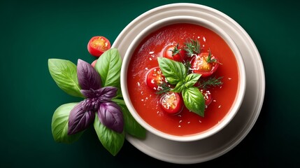 Fresh tomato soup garnished with vibrant basil leaves and cherry tomatoes, served in a round white bowl on a dark green background, showcasing culinary artistry and vibrant colors