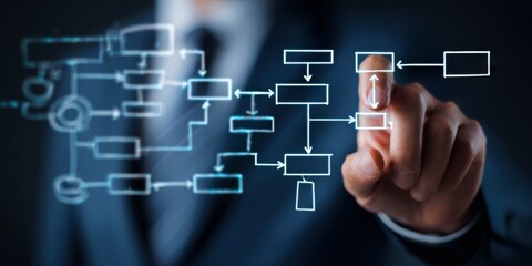 Business professional interacting with digital flowchart diagrams illustrating complex data processes and decision-making in contemporary work environment