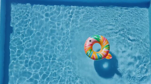 Relaxing summer vibes with colorful floatie gently drifting in shimmering blue pool water under the bright sunlight