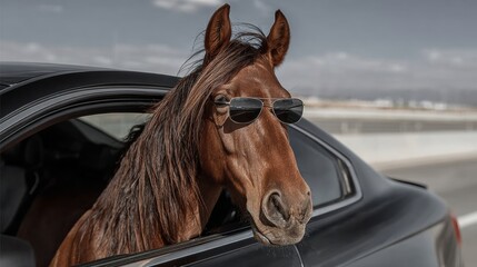 Fototapeta premium Horse wearing sunglasses, leaning out of car window, enjoying a sunny day on the road, showcasing a playful and humorous scene with a luxurious vehicle in the background