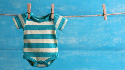 Baby onesie hanging on a clothesline against a blue background