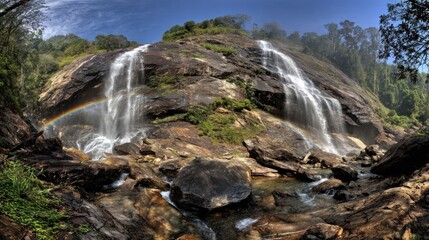 Fototapeta premium Majestic Waterfall Flowing Over Rocky Cliff Surrounded by Green Forest Under Blue Sky