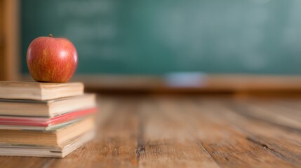 Red apple sits on stack of books in classroom with green chalkboard behind