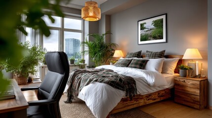 Cozy modern bedroom featuring a wooden bed with plaid blankets, stylish lamps, and lush greenery, creating a serene atmosphere with natural light and inviting decor elements