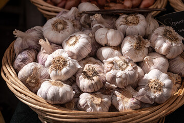 Garlic bulbs on a market stall at Cours Saleya, Nice, France