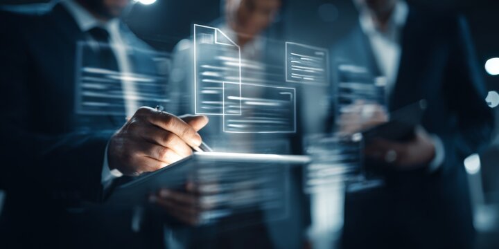 Business professionals discussing compliance regulations and legal frameworks with digital interface showcasing audit policies and governance documents