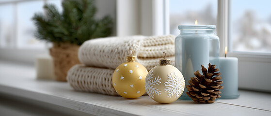 Here is description and keywords for image Aesthetic decoration with candles, ornaments, and potted plant create cozy and warm holiday scene
