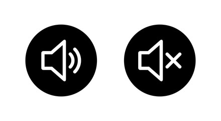 Speaker volume outline icon in black circle. Sound and mute audio symbol. Loud and silent sign