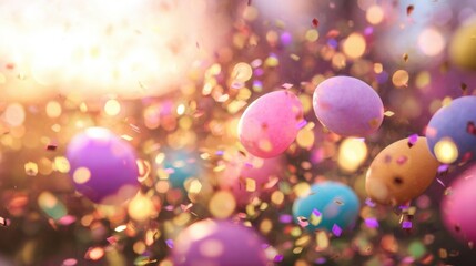 Colorful eggs and confetti in bright sunlight during a spring celebration